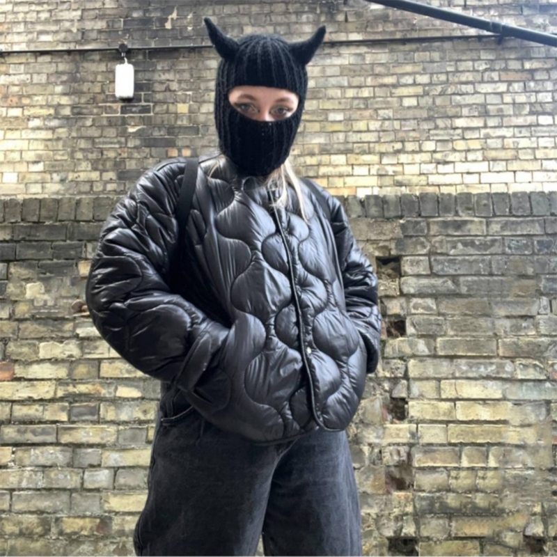 Novelty Devil Horn Face Cover Knit Balaclava for Women Men Winter Warm Hat Adult Halloween Party Costume Role Play Cap