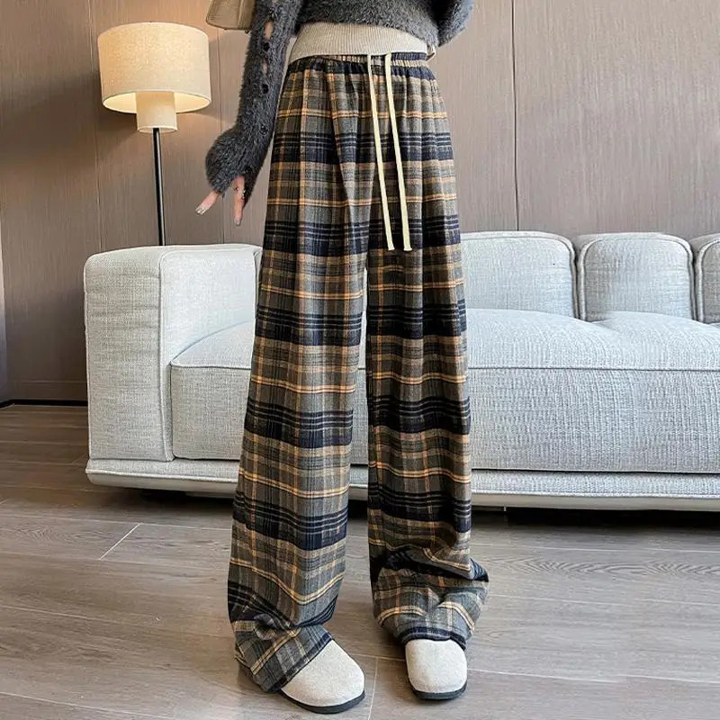 Brushed retro red checkered wide casual high waist straight leg womens autumn Korean loose show weight pants Z260314