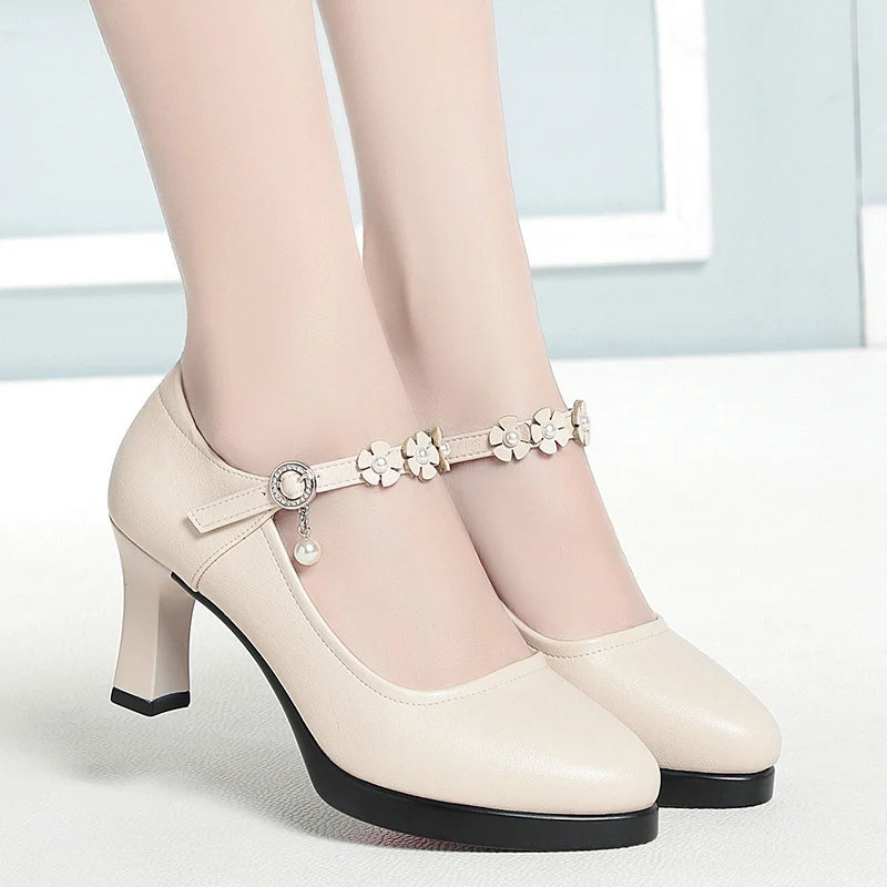 Ankle Strap High Heels Spring Women Pumps Autumn Thick Heel Shoes Platform Mary Jane Soft Leather Party Wedding Shoes 241112