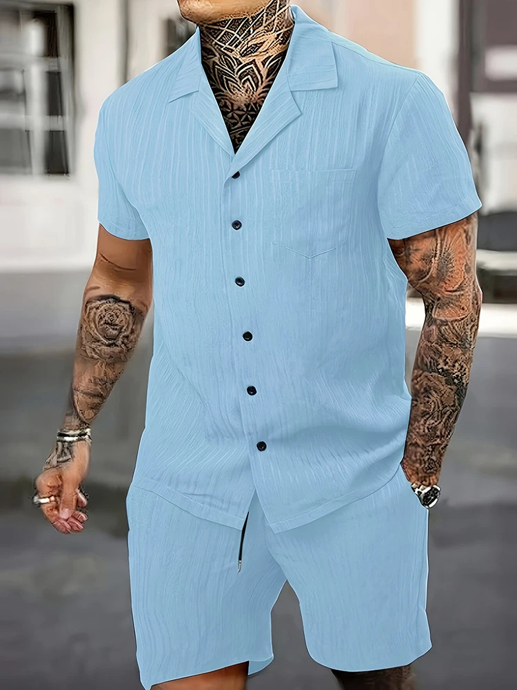 Casual Solid Color Short Sleeve Buttonup Shirts Mens Shorts Two Piece Suits Summer Beach Leisure Loose Outfits Men Fashion Sets 240409