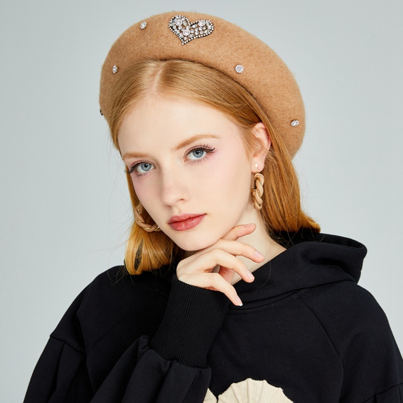 New Winter Women Wool Beret Love Heart Rhinestone Female Berets Beanies British Vintage Painter Hat Lady Warm Outdoor Hats 5