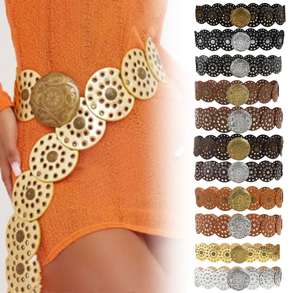 Y2K Round Hollow Western Style Exaggerated Cowboy Wide Disc Belt Vintage Women Metal Belt Soft Durable Belt Accessories c8531