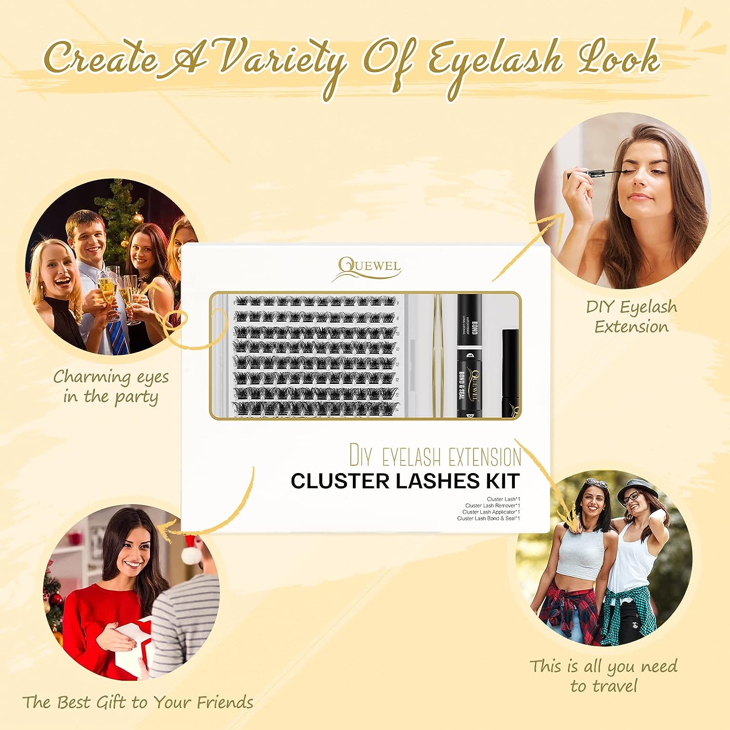 Quewel Lashes Kit 144Pcs DIY Cluster Lashes Faux Mink Lash Bond and Seal Glue Waterproof Lash Glue Remover Golden Lashes Tweezer a8cfc 5 a1fab