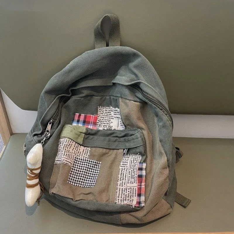 Patchwork Retro Backpack Y2k Aesthetic Canvas Bag Simple Japanese Student Backpack Womens Rucksack 241111