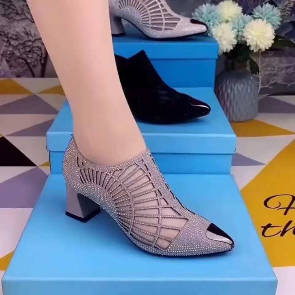 Womens Ankle Boots - Sexy hot Hollow Water Dia Low Heel Dress Shoes, Black Grey, Corner Toe, Fashionable 2024