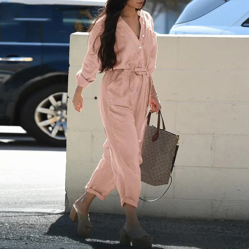 Womens casual jacket cotton linen long sleeved buttoned belt full set autumn elegant workwear womens one-piece jumpsuit 241112