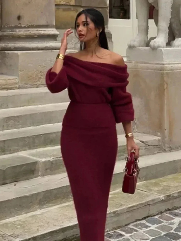 Womens Burgundy Knitted Long Leather Cover Elegant Slant Neck Full Lantern Sleeve Top Long Skirt Autumn Two Piece Set 241112