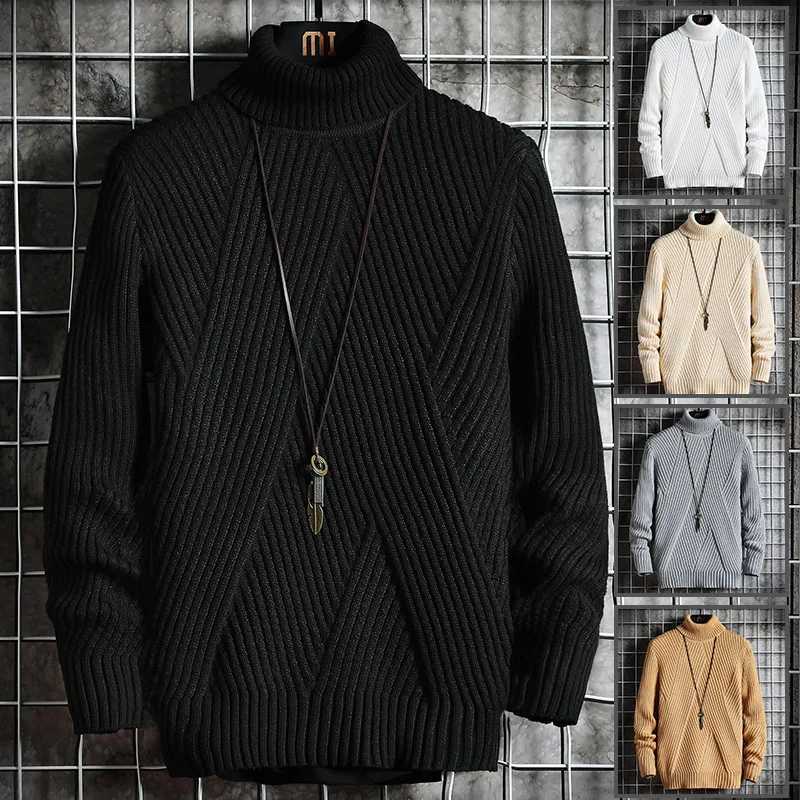 New winter mens casual turtle neck zipper mens long sleeved striped sweater Korean fashion warm knit sweater W2411111