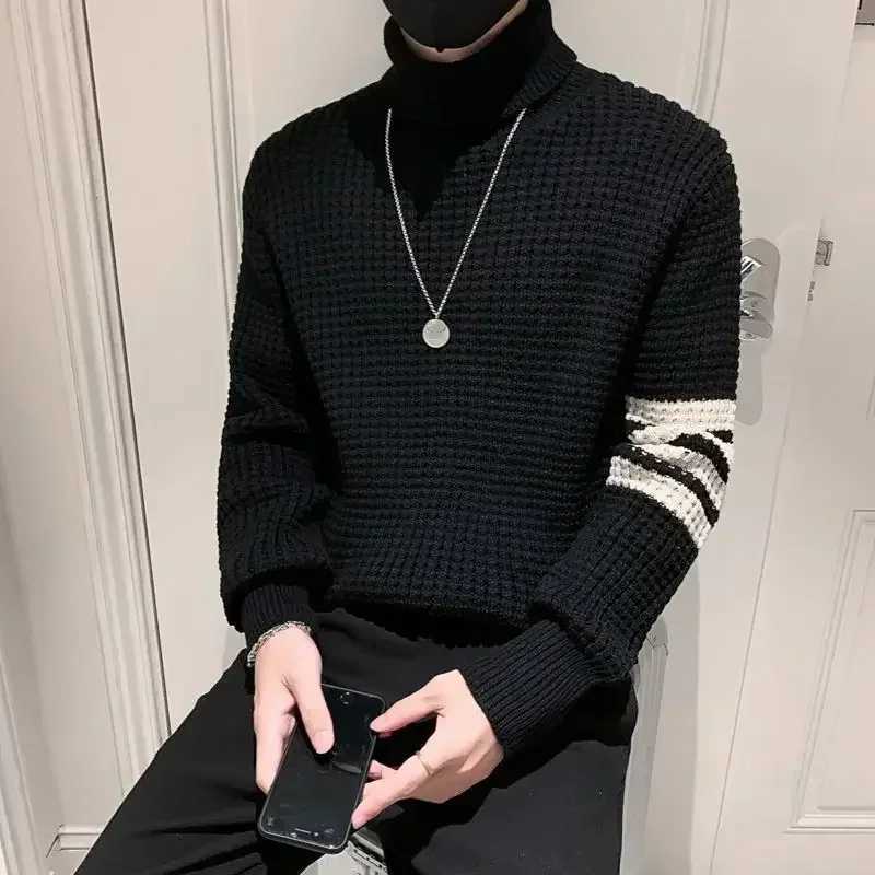 Mens Turtle Neck Black Knitted Sweater Mens High Neck Smooth Stripe Pulling Size Best Selling Product W2411111