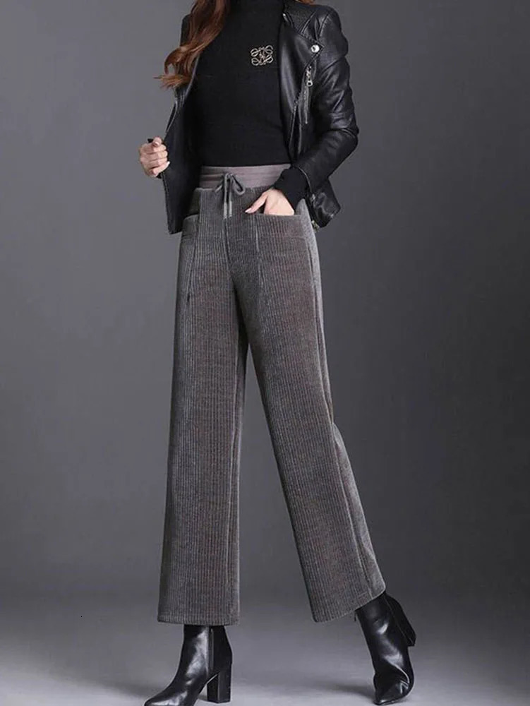Womens thick winter wide leg pants warm velvet Corduroy casual pants pockets high waist oversized 5XL straight sports pants 241112
