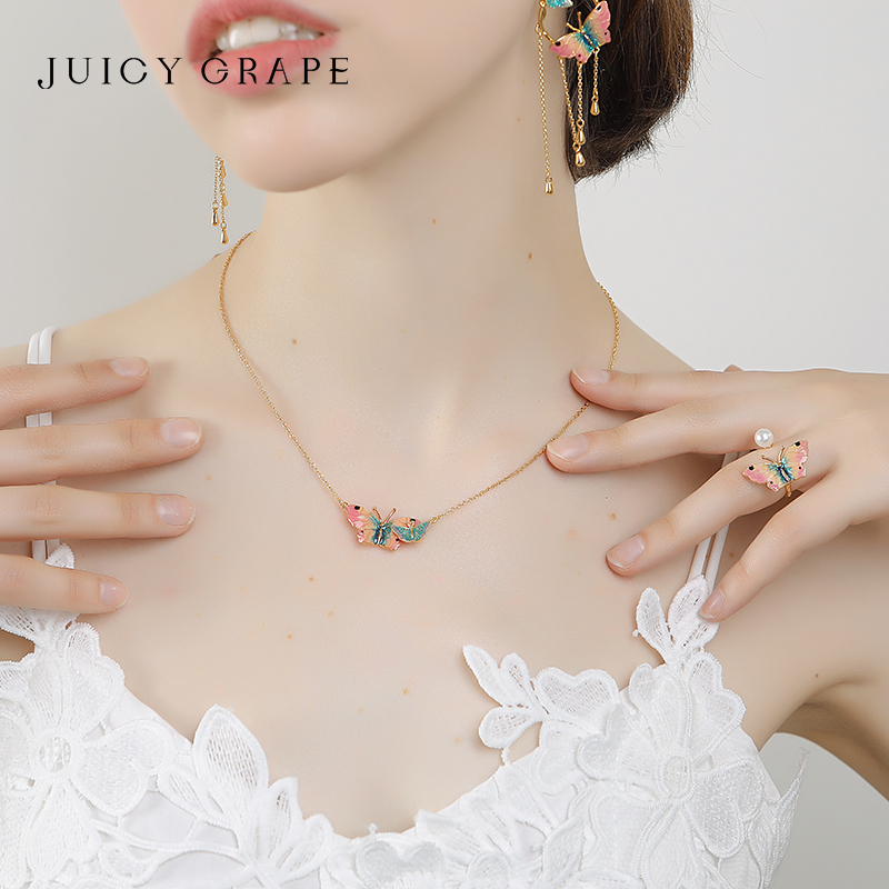 JUICY GRAPE Butterfly Necklace for Women's Exquisite Enamel Collarbone Chain Gold Plated Wedding Party Boutique Jewelry e20c2