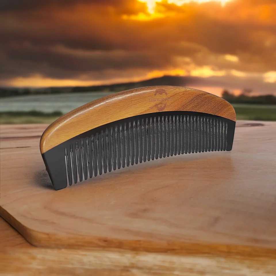 Elegant mens horn and sandalwood wood grain beard comb anti-static wood grain beard comb mens hair comb with PU leather W241112