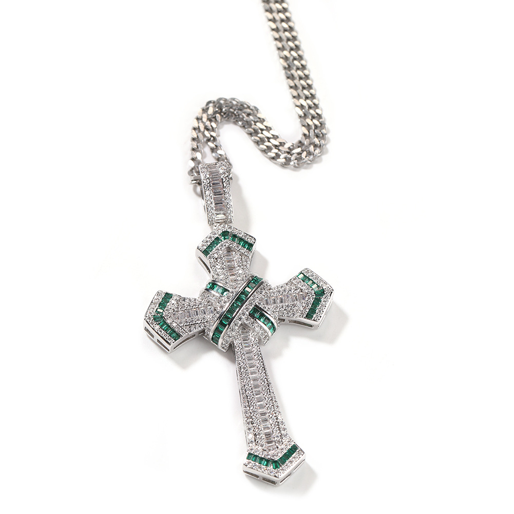 Hip Hop Cross Pendants Necklace Platinum Plated Men Women Lover Gift Religious Jewelry with Leather Rope Chain