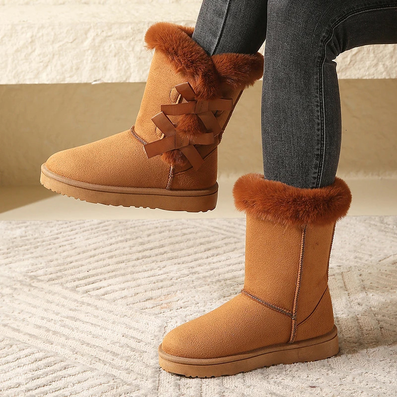 Women Flock Fluffy Suede Snow Boots Cute Butterfly Round Toe Warm Boots Autumn Winter Thick Sole Platform Cotton Shoes 241112