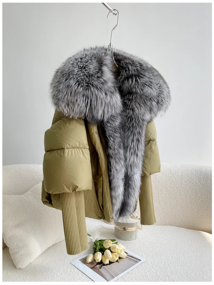 ANNSIRGRA Womens Winter Coat White Duck Down Jacket Super Large Real Silver Fox Fur Collar Knitted Sleeve Fashion Outerwear 241111