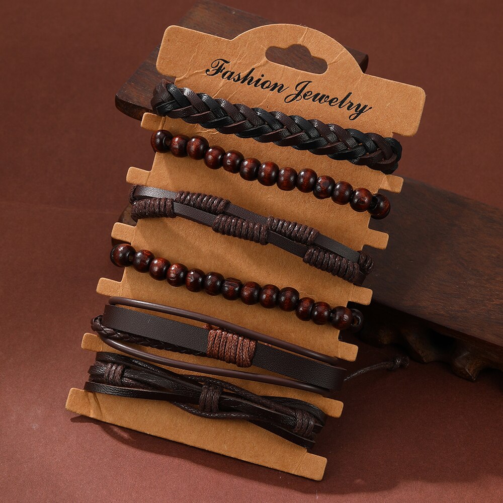 6PCS Set Men's Vintage Braided Cowhide Bracelet Multi-layer Leather Bracelet 08fe0 5 d8322