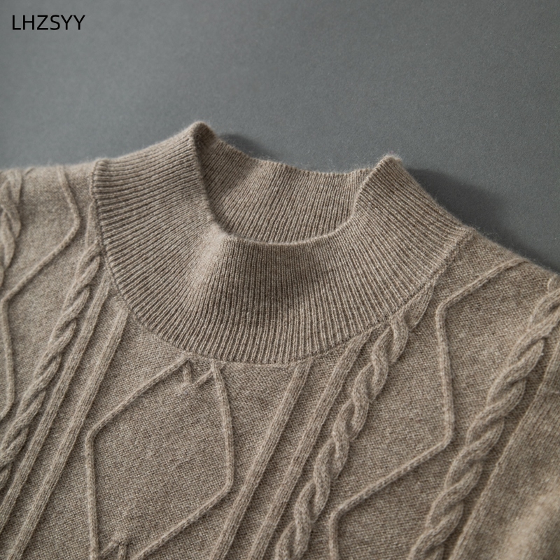 LHZSYY New Men's 100% Pure Cashmere Sweater Fall/Winter Half-high Neck Jacquard Pullovers Youth Plus Size Knit Base Shirt Tide c651d