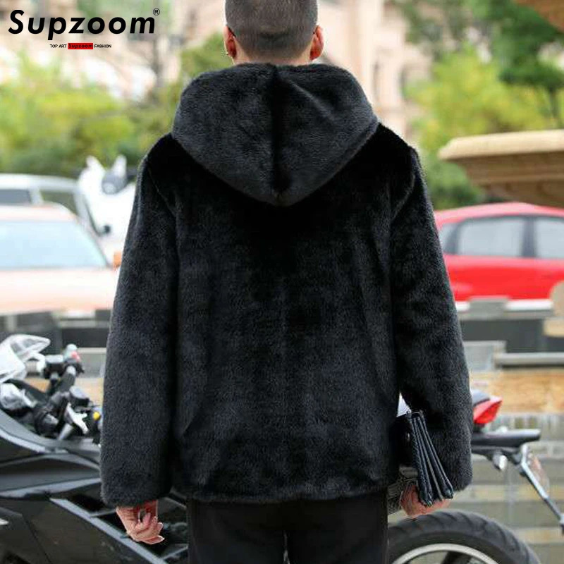 Supzoom Arrival Top Fashion Winter Warm Flowing Gold Mink Sheep Sheared Fur Zipper Mens Solid Hooded Jacket 241111