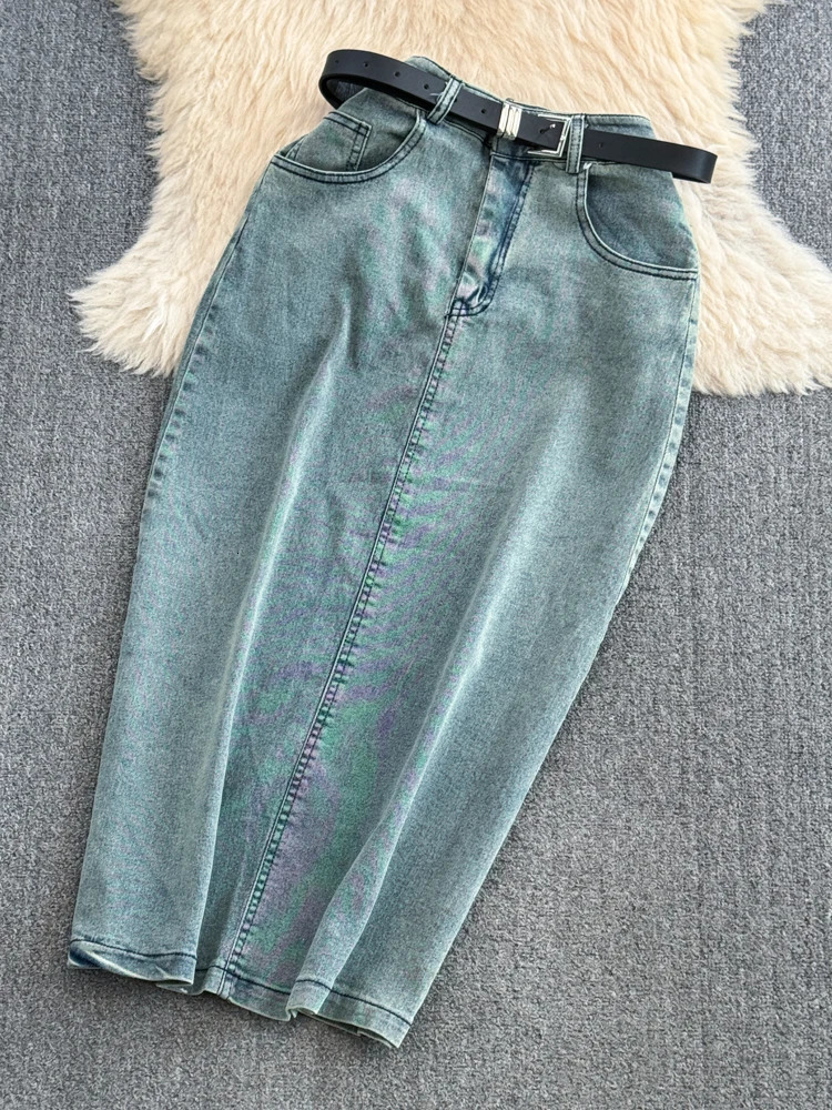 Women Denim Skirts Suit Sleeveless Strapless Sashes Vest Tops Highwaisted Slimming Split ALine Skirt Summer Jeans Set 240412