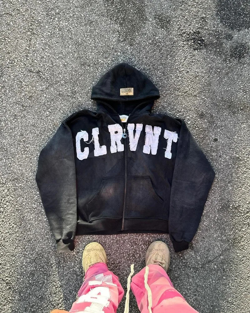 American High Street Hip-Hop Letter Patch Embroidery Oversized Pink Zipper Hoodie Womens Y2K Harajuku Gothic Couple Sweatshirt 241111