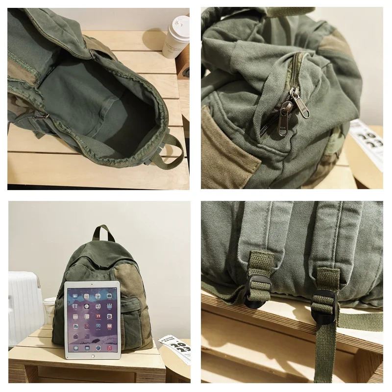 Canvas womens backpack retro shoulder bag college Knapsack patch work bag travel Rucksack student Mochila Y2K backpack 241111