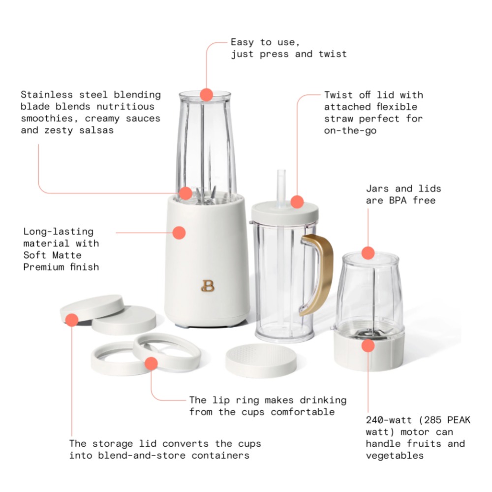 Beautiful Personal Blender, 12 Piece Set, White Icing By Drew Barrymore, Soy Milk Maker, Juicers