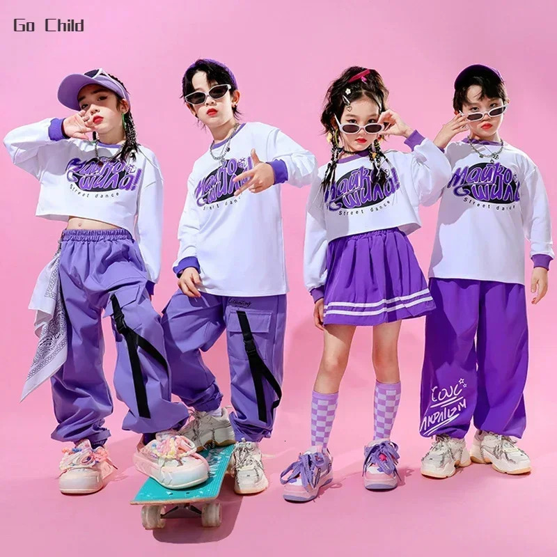 Hip Hop Girls Crop Top Skirts Purple Clothes Sets Boys Jazz Vest Sweatshirts Street Dance Cargo Pants Children Kids Streetwear 241112