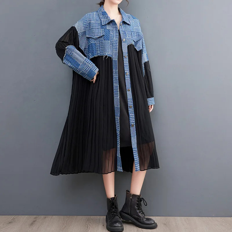 #2178 Spring Pleated Long Shirt Dress Women Denim Spliced Chiffon Sleeve Loose Vintage Midi Female Button 240329