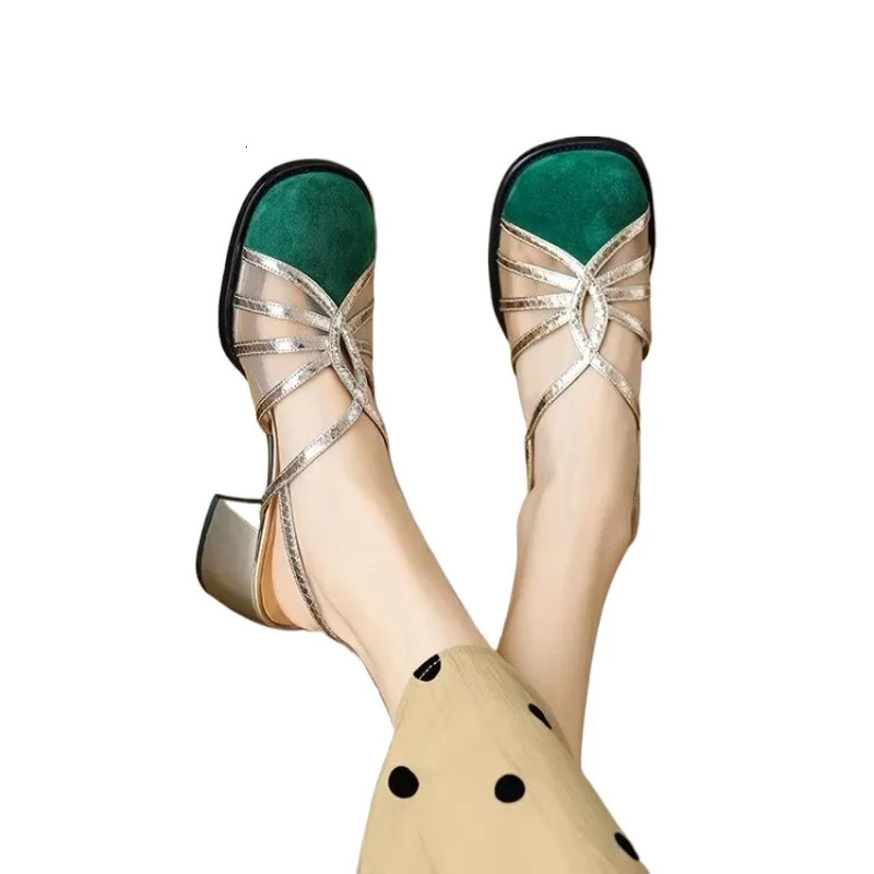 Womens high-heeled net sandals party dress er short and chubby retro suede hollow Zapatillas bounce back pump 241111