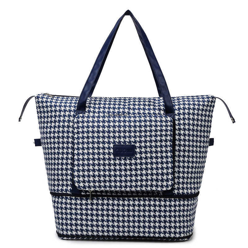 Trendy Fashion Portable Travel Bag Grid Pattern Expandable Fitness Bag Large Capacity Set Luggage Bag