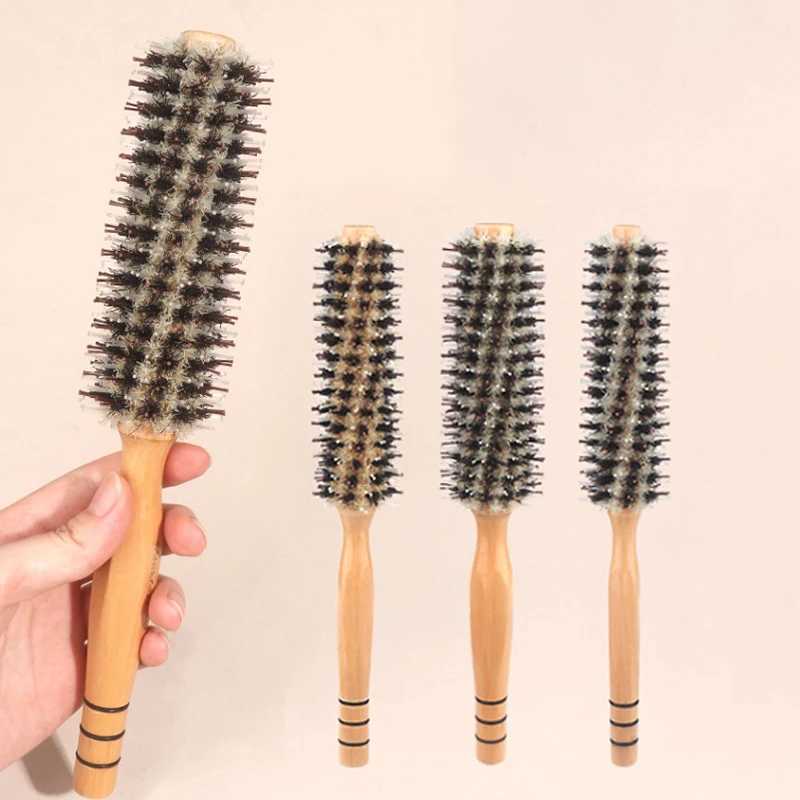 Natural Pig Mane Curling Brush Hair Clipper Curling Brush Wooden Curling Brush Round Bucket Hair Comb W241112