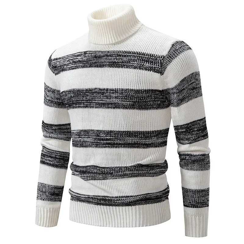 Mens black and white horizontal striped turtle neck fashionable long sleeved sweater W2411111