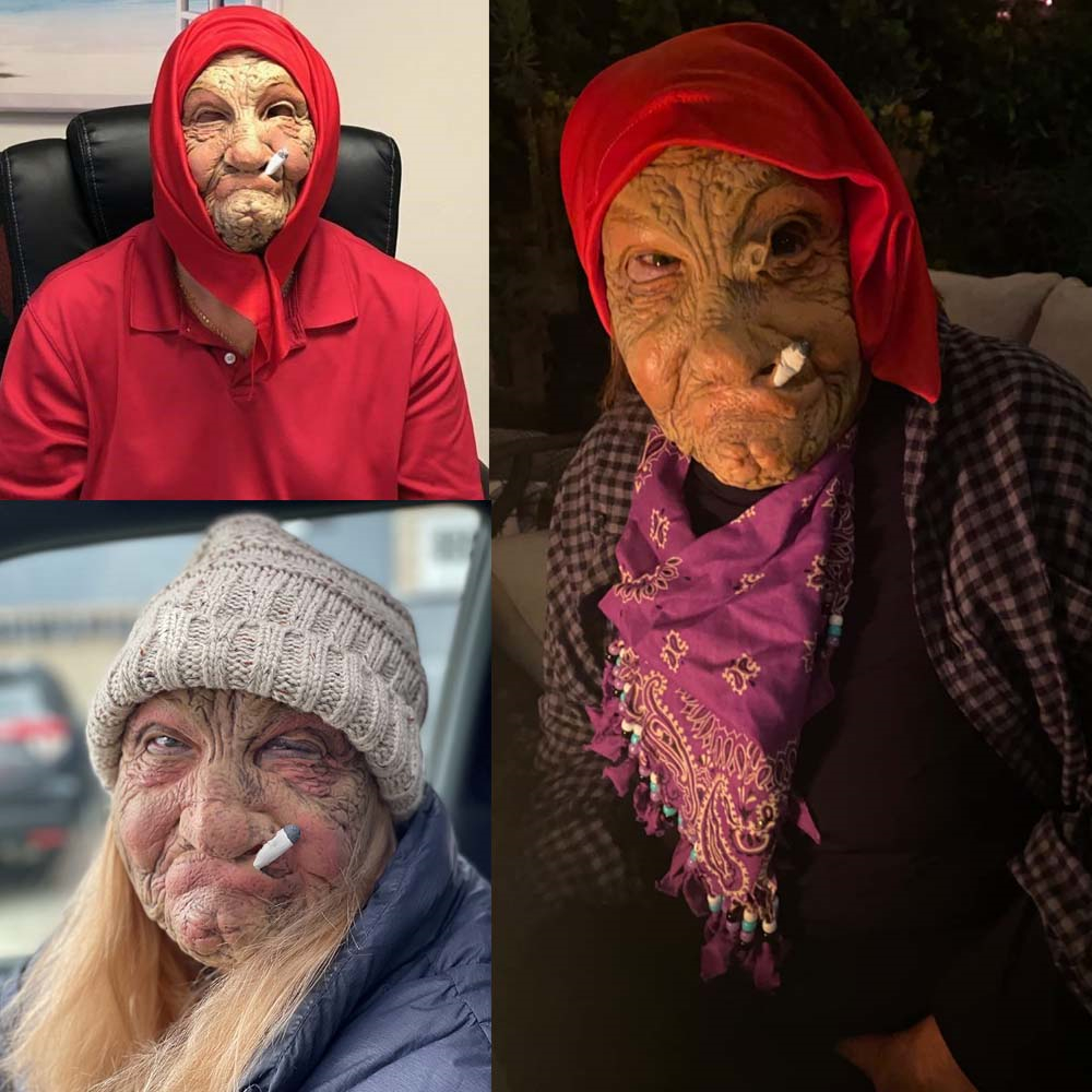 Funny Smoking Granny Old Nana Latex Mask Cosplay Lady Grandma With Wrinkled Face and Red Scarf Halloween Party Costume Accessor b7311
