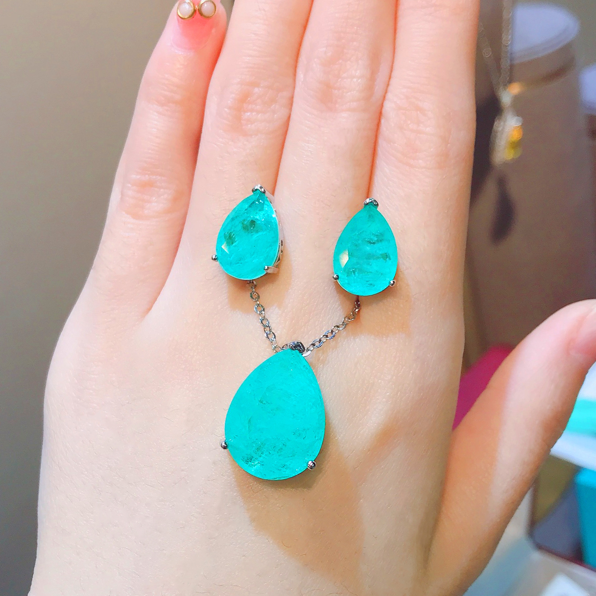 Sier Water-drop Shape Paraiba Tourmaline Gemstone Earrings Necklace Set for Women Temperament Ladies Trendy Vintage Jewelry 02d0c