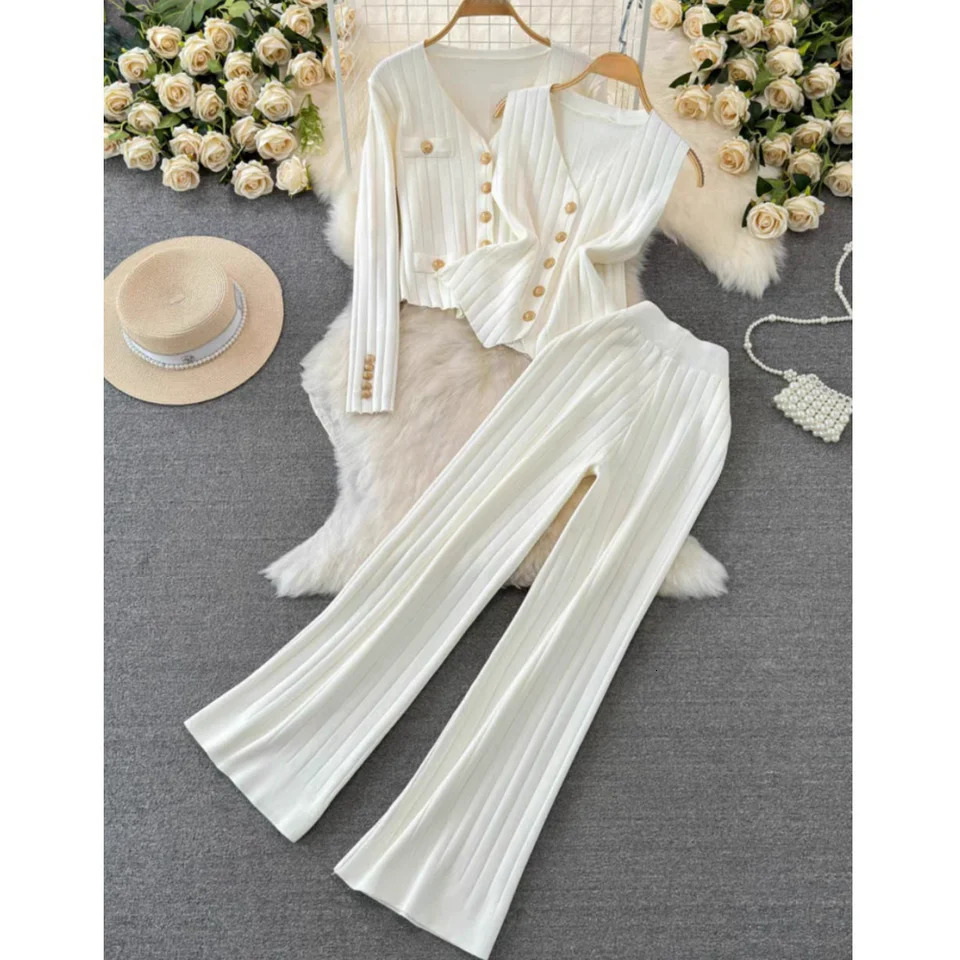 Korean Office Ladys Knit Outfit V-Neck Long Sleeve Slim Single Breast Sweater Cardigan With Vest And Wide Leg Pants 3-Piece Set 241112