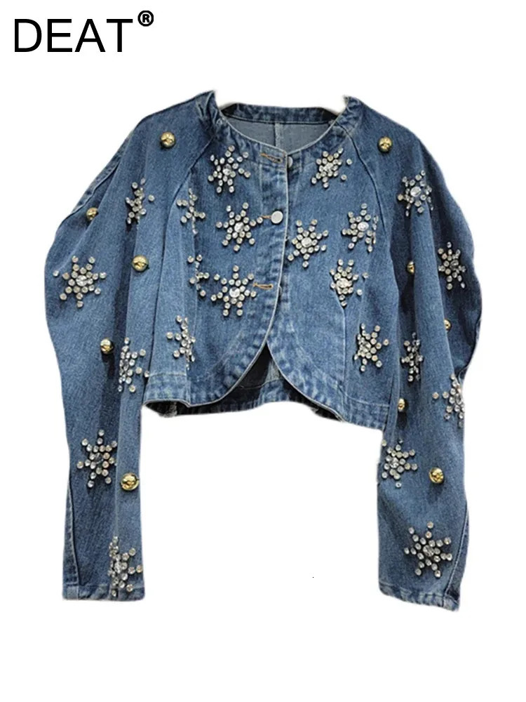 DEAT Womens Denim Jacket O-Neck Puff Sleeves Embroidered Flame Single Chest Short Jacket Autumn Fashion 29L3222 241112