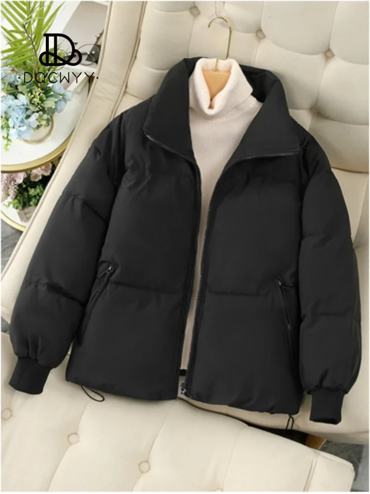 Womens Winter Cotton Jacket Loose Slim Warm Bread Clothing Short Zipper Monochromatic Coat Parkas Tops 2024 241108