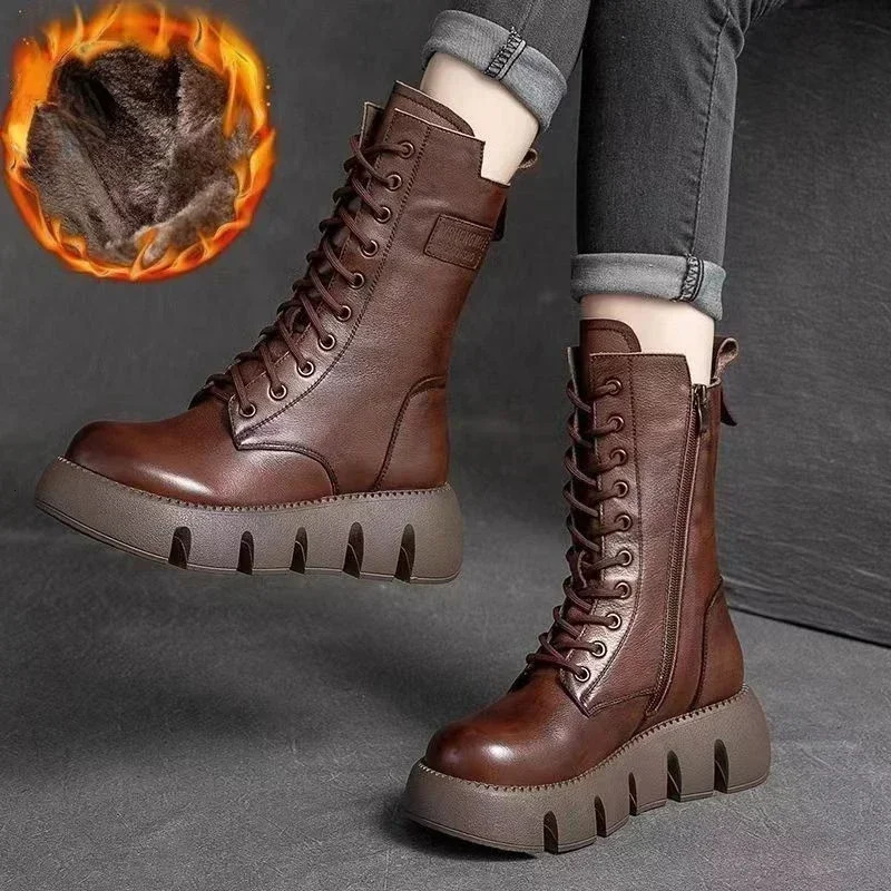 Winter Leather Women Boots Round Toe Mid-heel Ankle Boots for Women Lace Up Warm Snow Boots Retro Lady Platform Bikerboots Women 241112