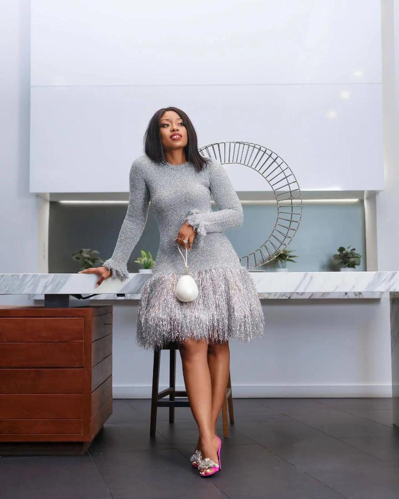 Casual Dresses Ladies Silver Long-sleeved O-neck Skinny Fringed Dress Autumn And Winter 2024 Urban Beautiful