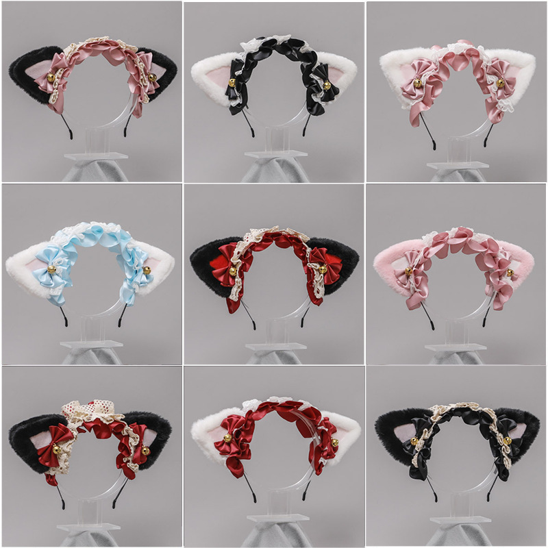 Costume Accessories Anime Lolita Cosplay Animal Cat Ear Headband Cute Plush Cat Ear Ruffled Lace Ribbon Bowknot Bell Hair Hoop Headpiece