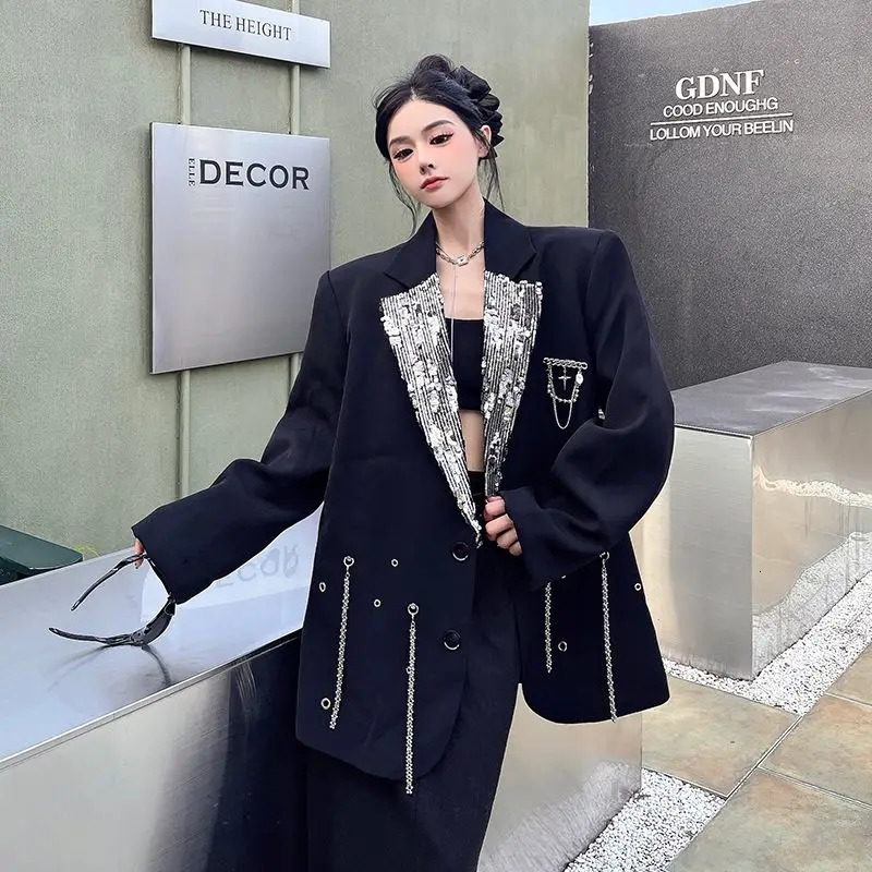 Metal chain heavy industry Suit Jacket for Womens Spring Autumn style Loose Silhouette Shoulder pad patchwork Sequin Blazer 241112