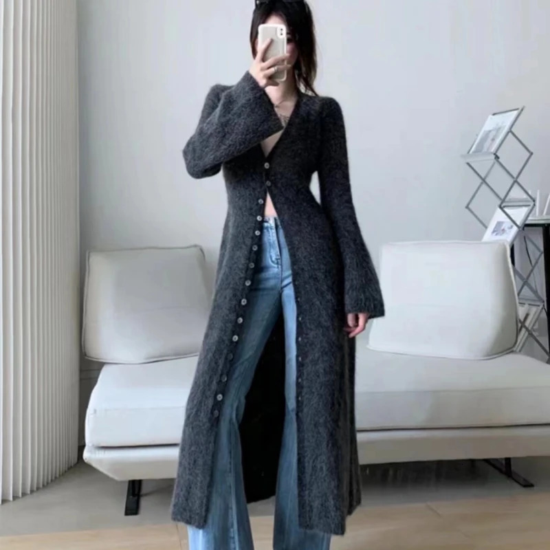 Limiguyue French Long Knit Cardigan Women High-end Mohair Sweater Jacket Fashion Runway V-neck Wool Knitwears Autumn Winter F569 241112