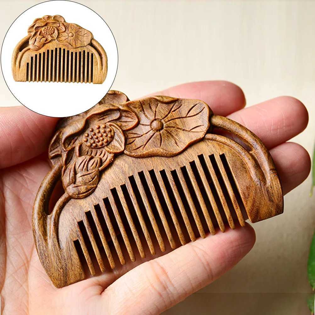 Hawthorn comb wooden skin massager Japanese style carving lotus flower anti-static hair W241112