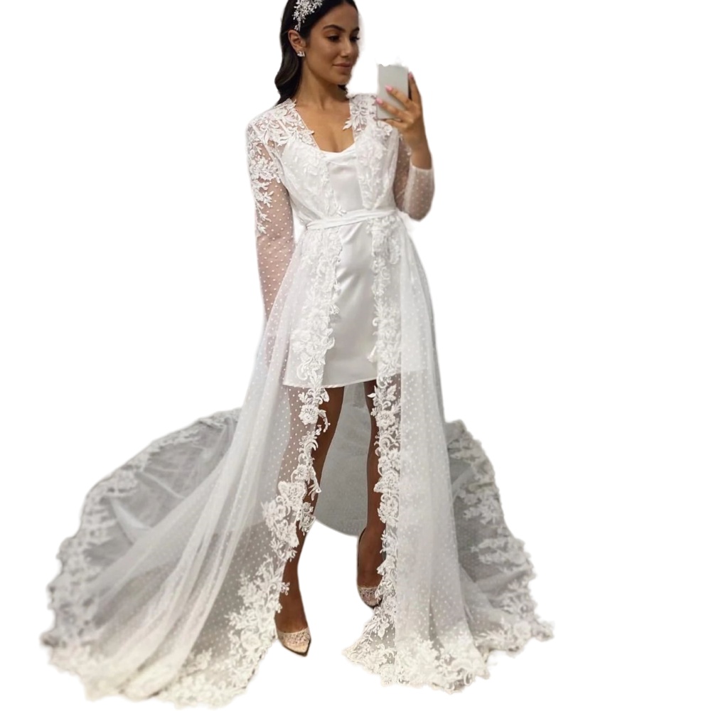 2024 Two Pieces A Line Wedding Dresses V Neck Lace Appliques Crystal Beads Illusion Long Sleeves Wraps Jacket Cape Cloasks Bridal Gowns wedding dress 