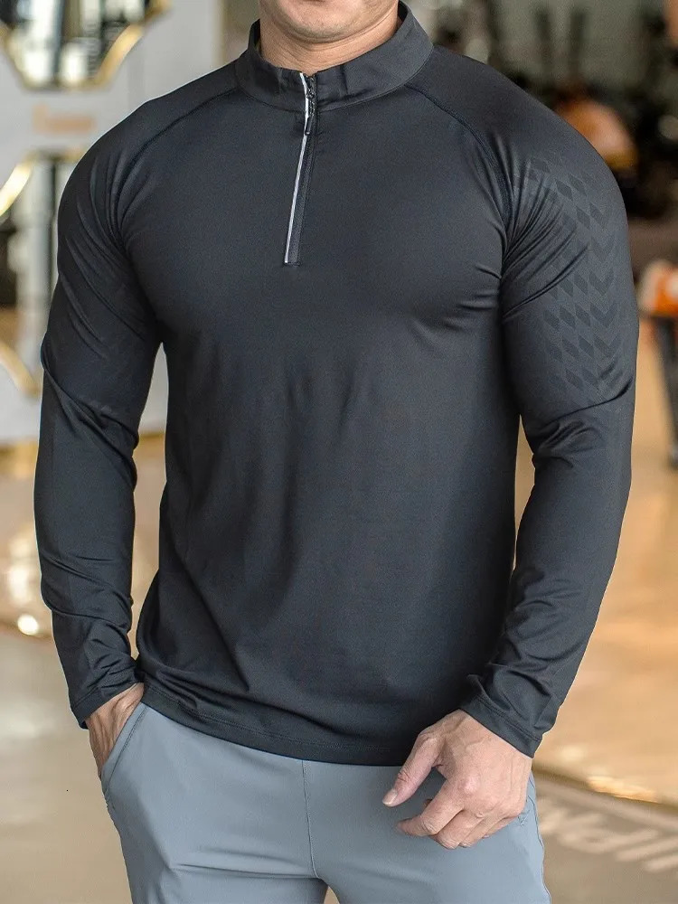 Autumn winter Running Gym Men Shirt long Sleeve Tees elastic fit Sports training Fitness Quick dry Zip collar Polo T Shirt 241112