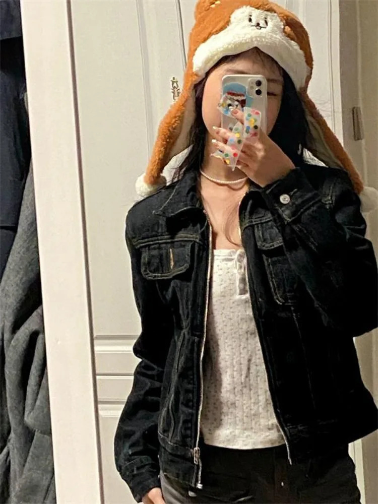 Zipper Jeans Solid Coats Streetwear Fashion Full Match Chaquetas Strapless Punk Retro Denim Jacket 241112