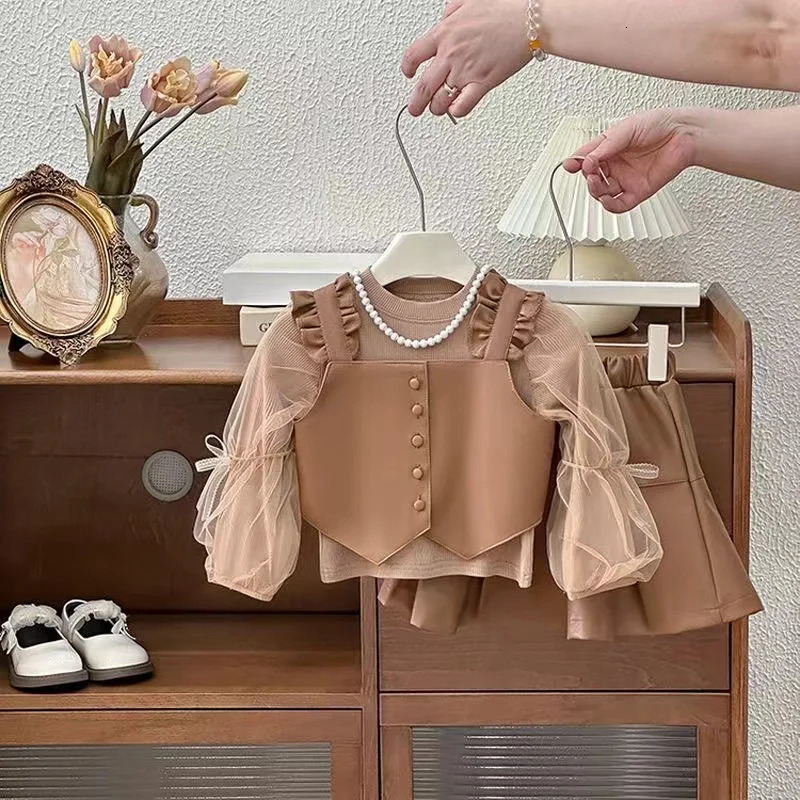 Children Autumn Winter Style Long Sleeve Sweater Vest PU Leather Short Skirt Girls Three Piece Set Kids Outfits 241112