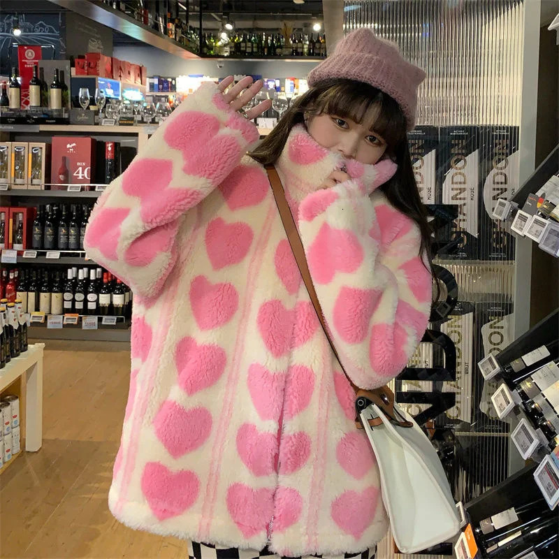 Winter Japanese Coats Korean Fashion Kawaii Lambswool Coats Pink Heart Shaped Womens Artificial Fur Teddy Jacket Coat Womens Coat 241112