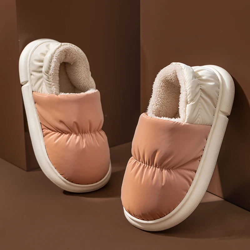 Winter Ladies Waterproof Non-slip Concise Slides Couple Cover Heel Warm Soft Plush Slippers Women Men Home Casual Cotton Shoes 241112