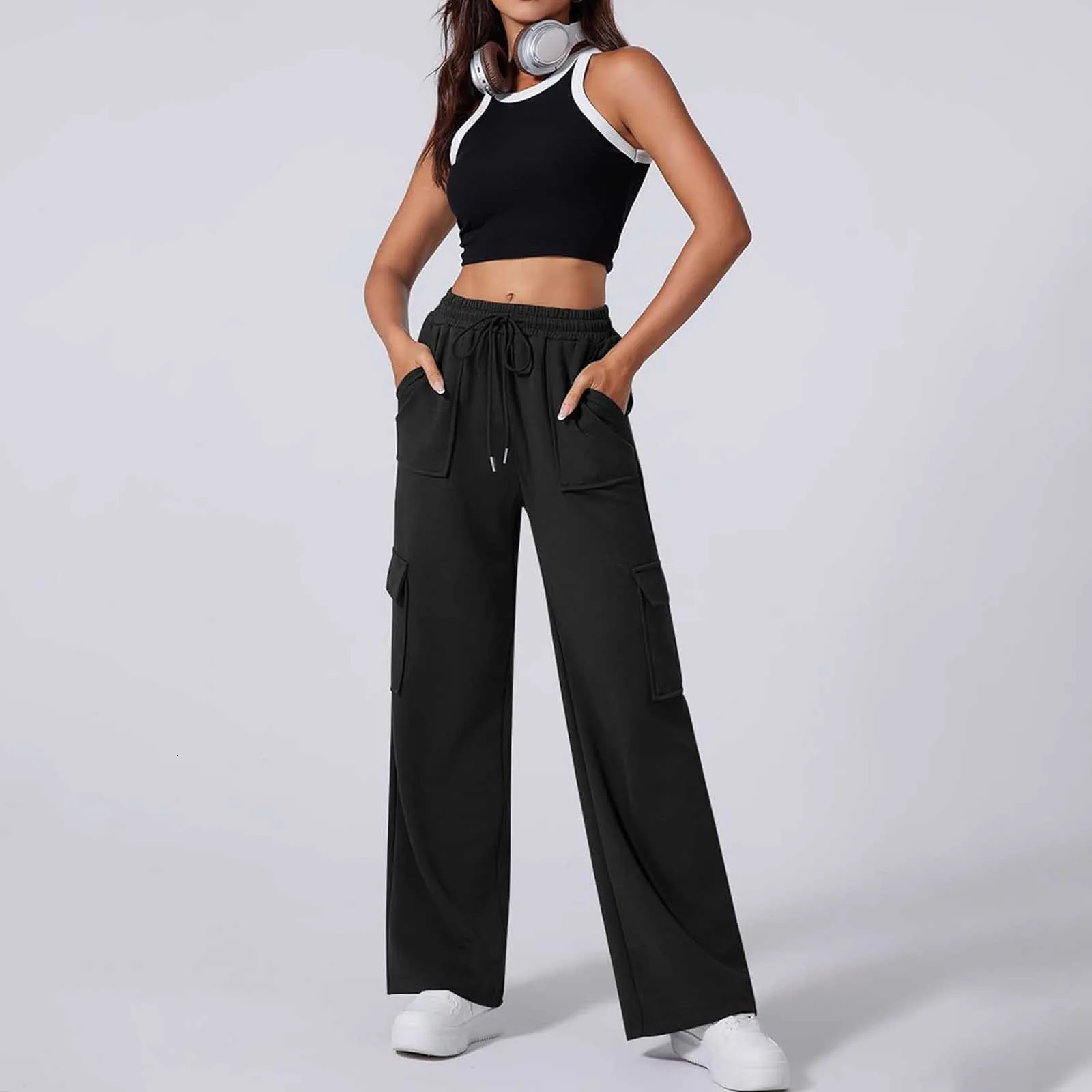 Women Wide Leg Sports Cargo Pants High Waisted With Pockets Casual And Relaxed Utility Straight Leg Trousers Joggers Sweatpants 241112